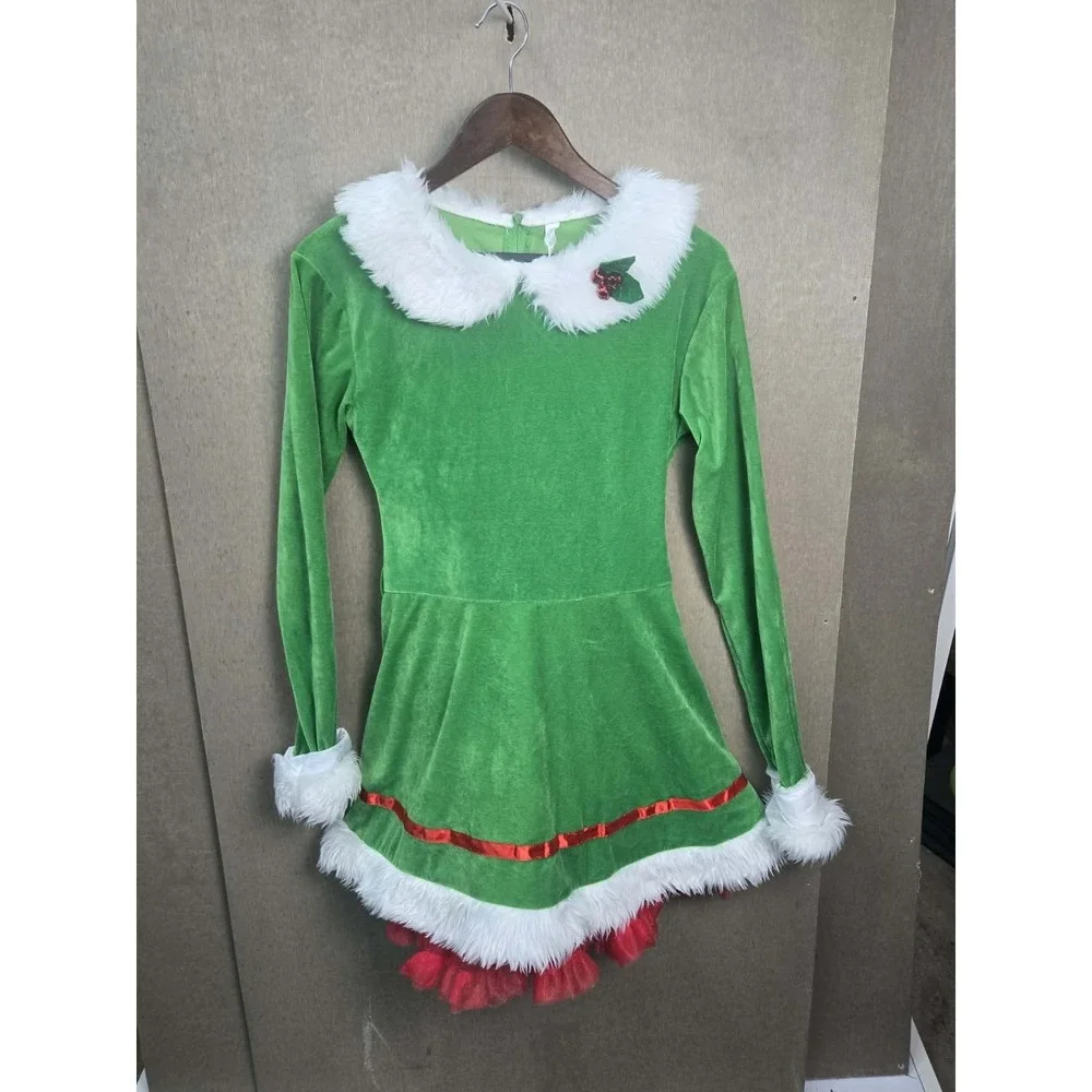Women's Christmas Elf Costume Dress Green Faux Fur Holiday Adult One Size